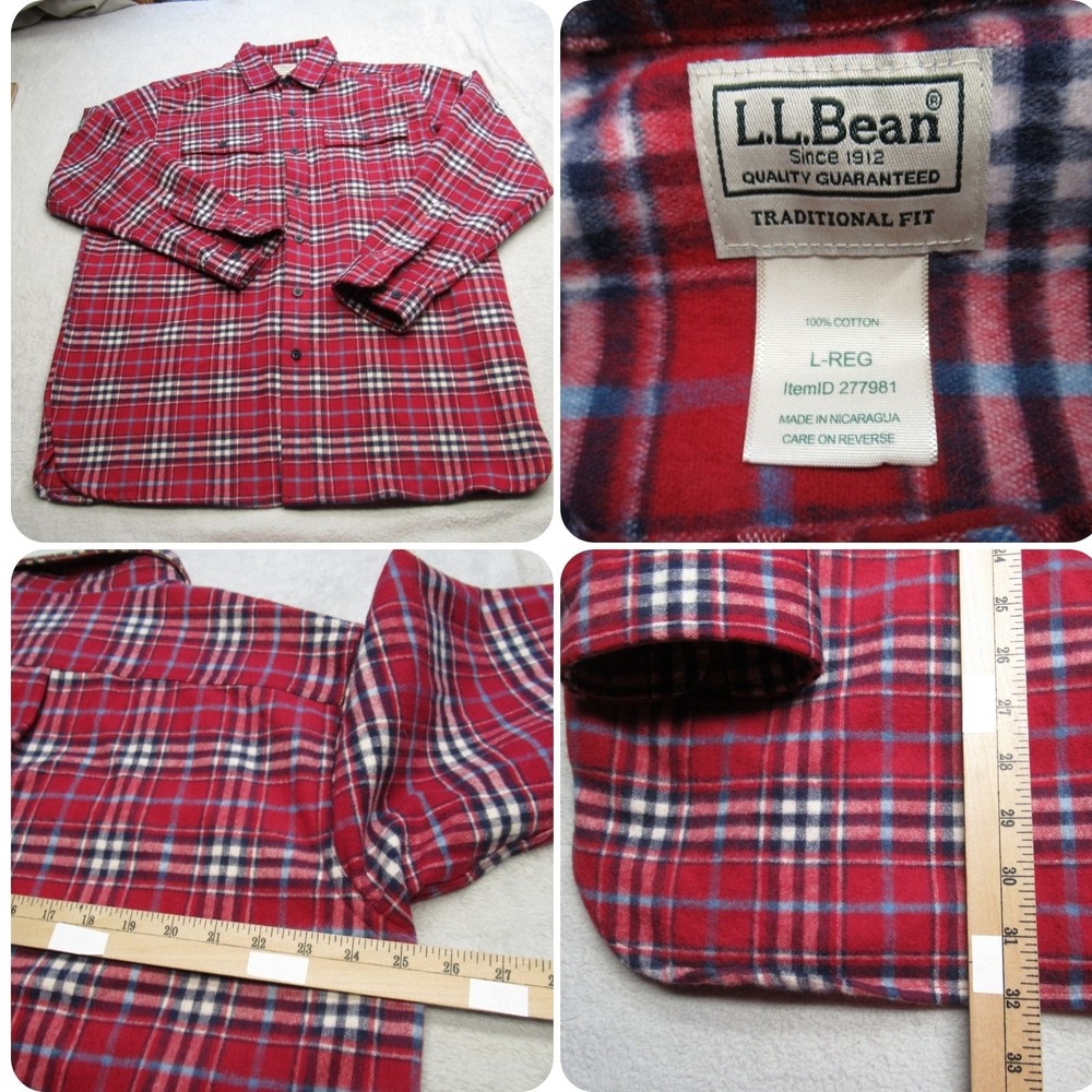 LL Bean Shirt Mens Large Tall Red Plaid Flannel‎ Traditional Fit Heavyweight